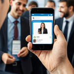 **

A person sharing a digital business card via smartphone at a conference. The focus should be on the positive impression and ease of sharing. Background should be a modern conference setting.
Prompt: *Person sharing digital business card on smartphone at conference, modern setting, positive impression.*

**